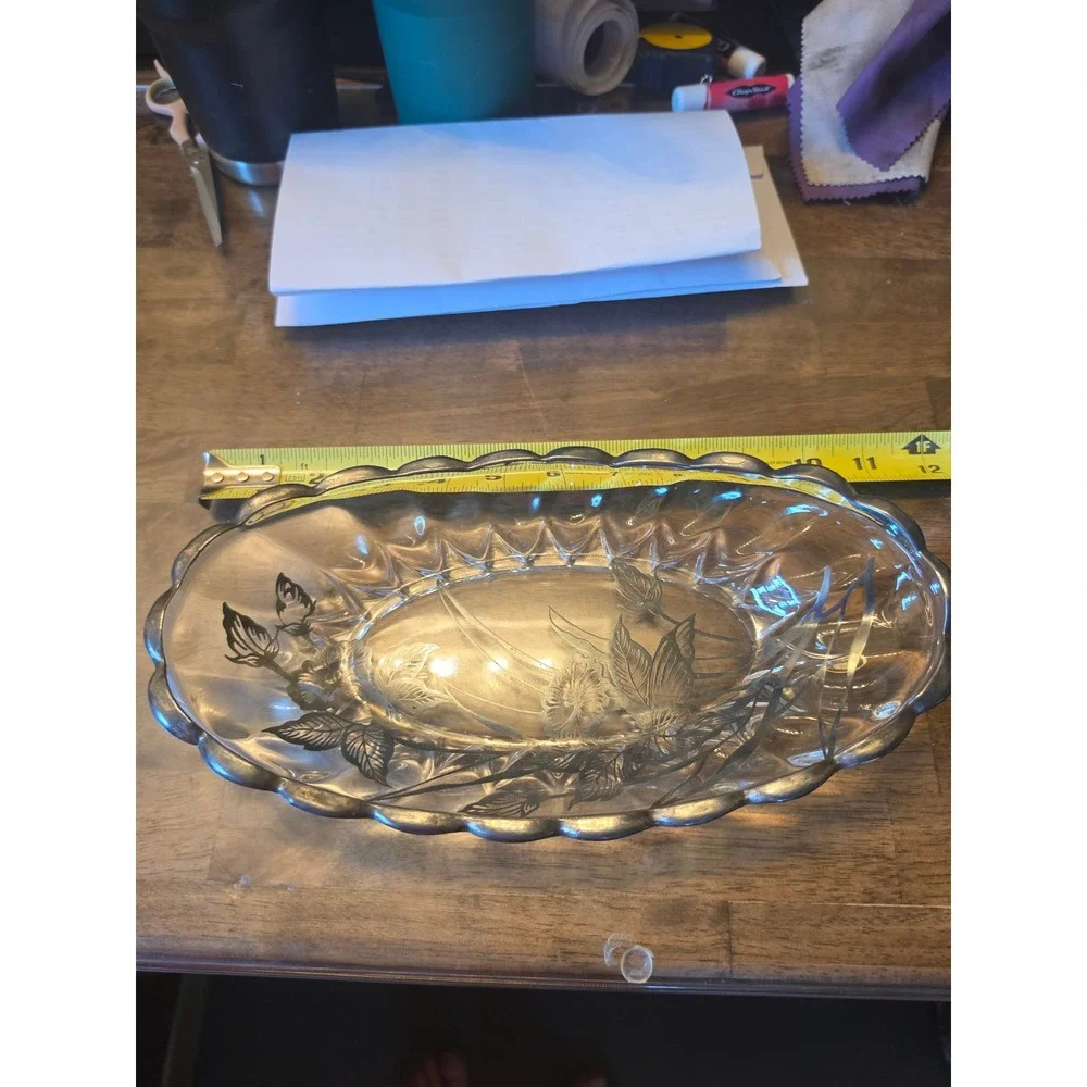 Vintage Silver Overlay Glass Oval Bowl Scalloped Floral Butterfly Serving Dish